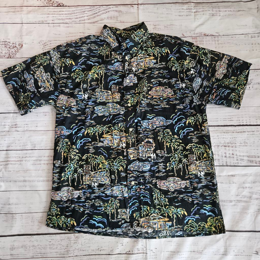 Vintage 90s Big Dogs Hawaiian Tropical Cabana Black Neon Short Sleeve Button Up
